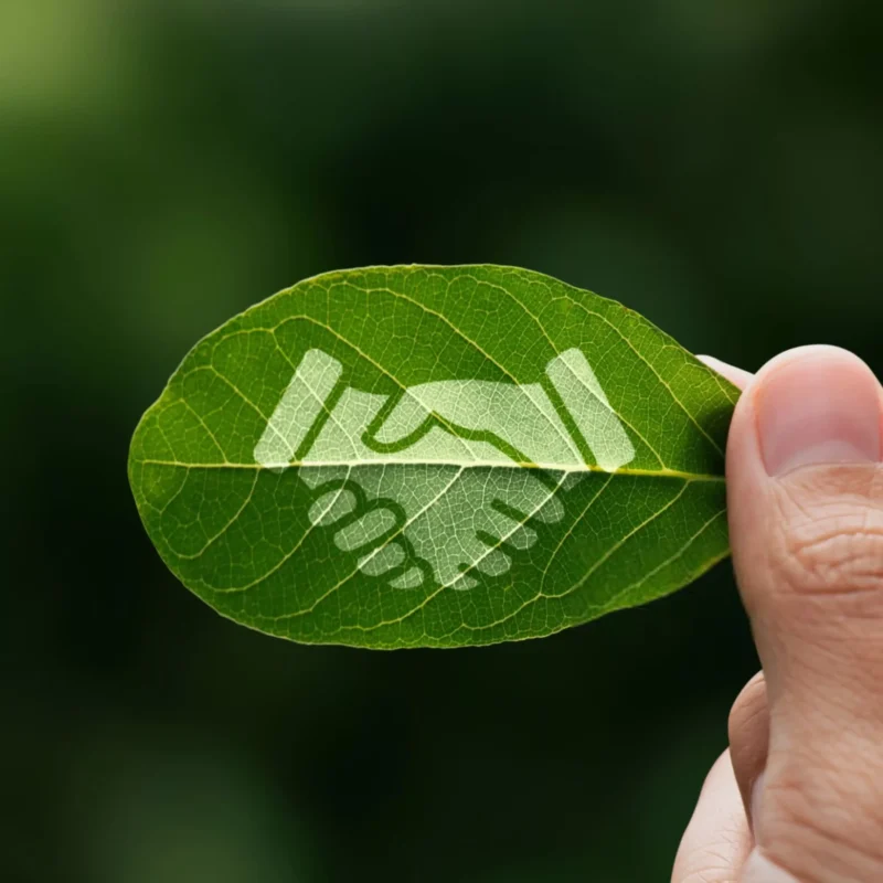 Hand of human is holding painted green leaf with handshake i-min